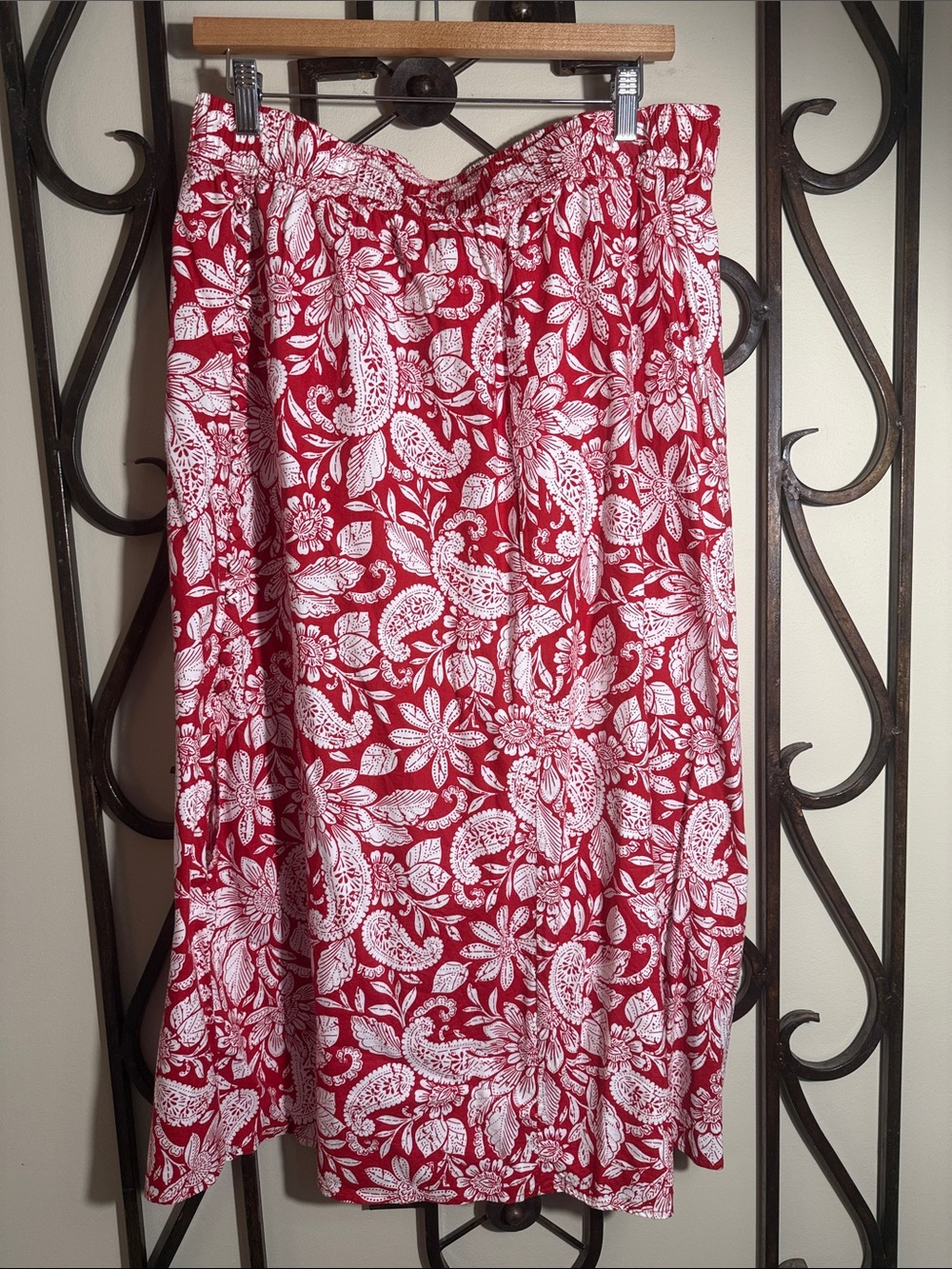 Loft Paisley Button Pull On Midi Skirt Front Silt Tango Red Cotton Blend